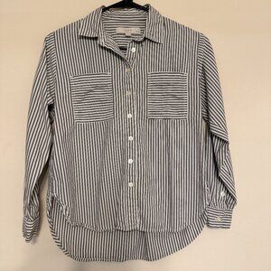 Loft Women's Gray & White Stripe Button Up Long Sleeve Blouse Pockets Size XXSP